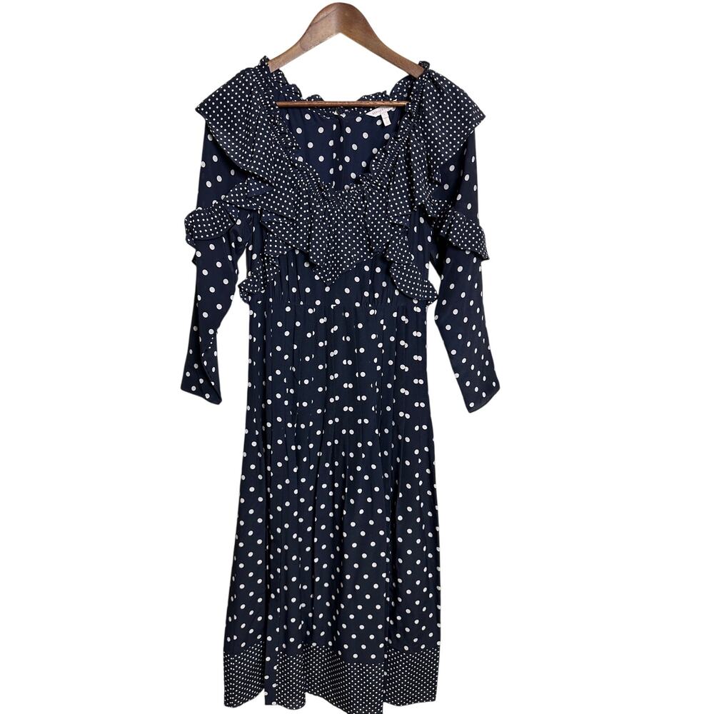 Rebecca Taylor Ruffle Pleated Polka Dot Silk A-Line Midi Dress NWOT size 2